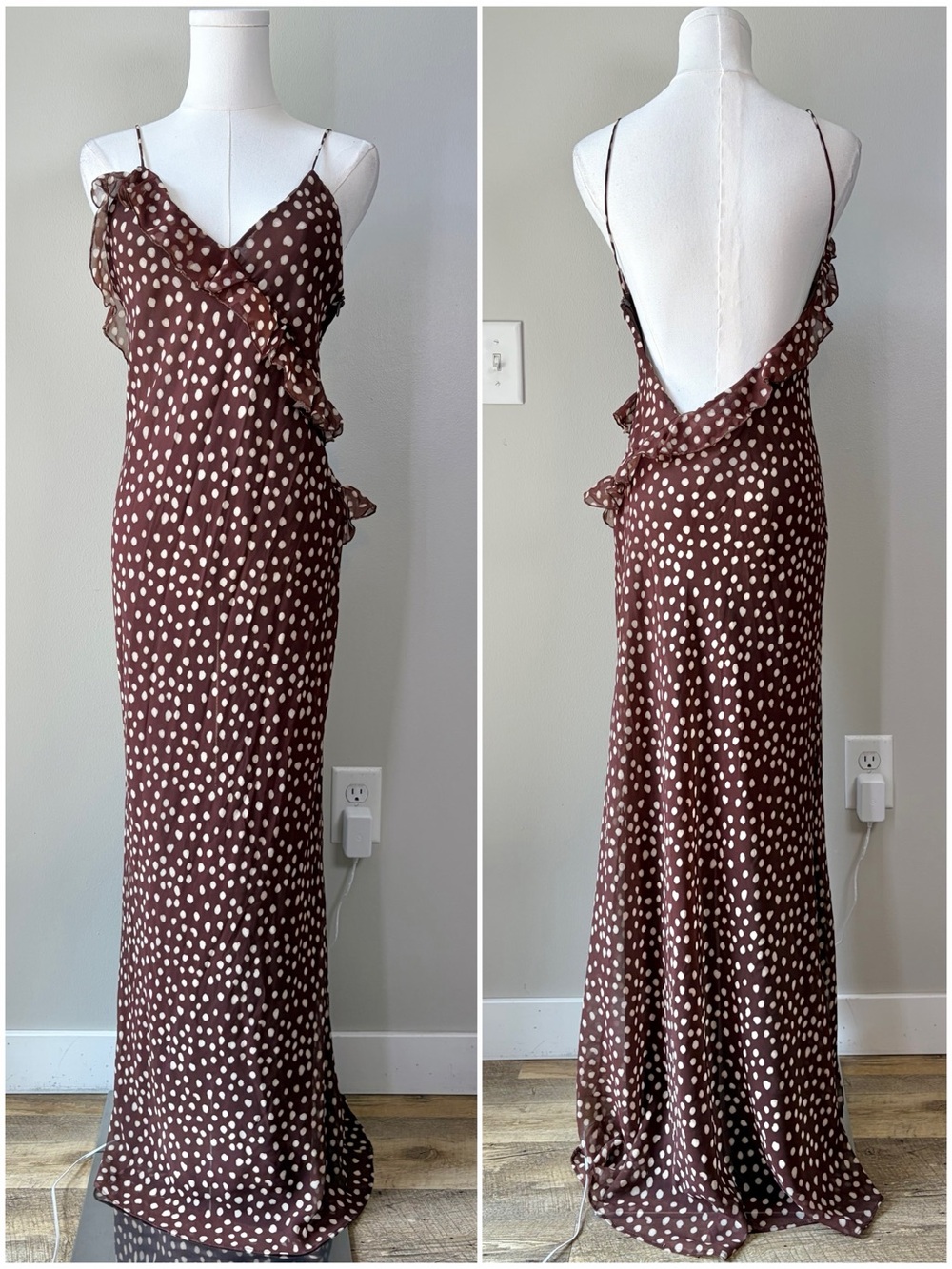 Zara Brown Polka Dot Ruffle Open Back Maxi Dress
